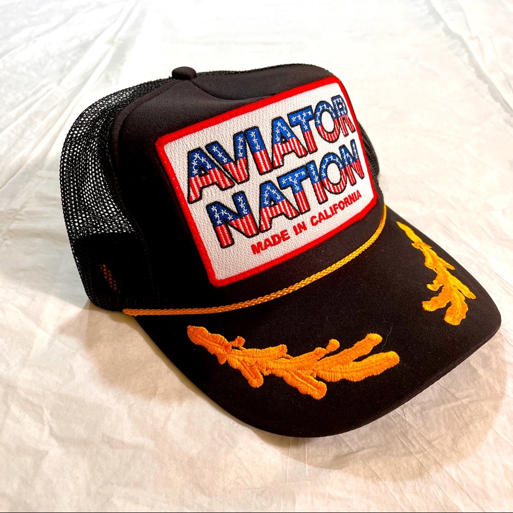 🔥🔥 Aviator Nation RARE Patriotic Trucker Hat with Gold Leaf and rope - Black